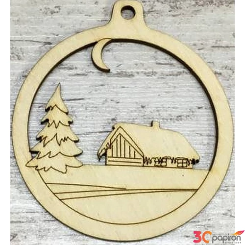 Fa figura kerek dísz házikó - 9cm 