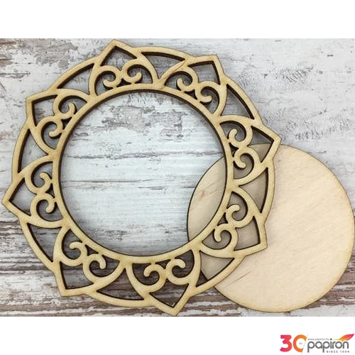 Fa figura keret táblával csipkés kerek 12cm