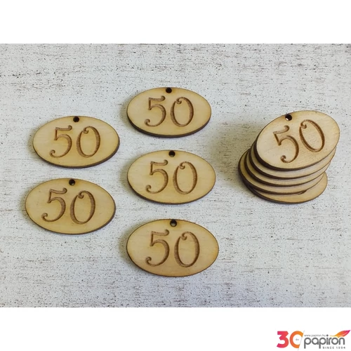 Fa natur tábla 50 évfordulós ovál 4cmx2.5cmx3mm 10db/cs