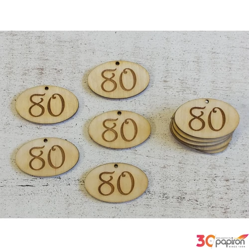 Fa natur tábla 80 évfordulós ovál 4cmx2.5cmx3mm 10db/cs