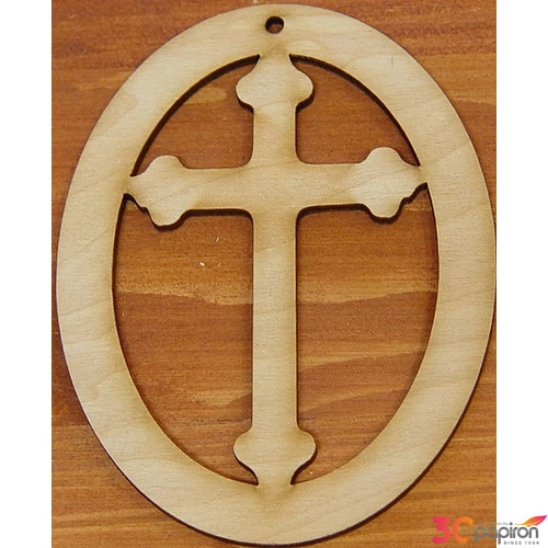 Fatábla felirat, Fa figura kereszt keretben ovál 7, 5x10cm 5db/cs