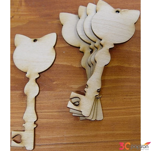 Fatábla felirat, Fa figura kulcs macskafejjel 4x10cm 5db/cs