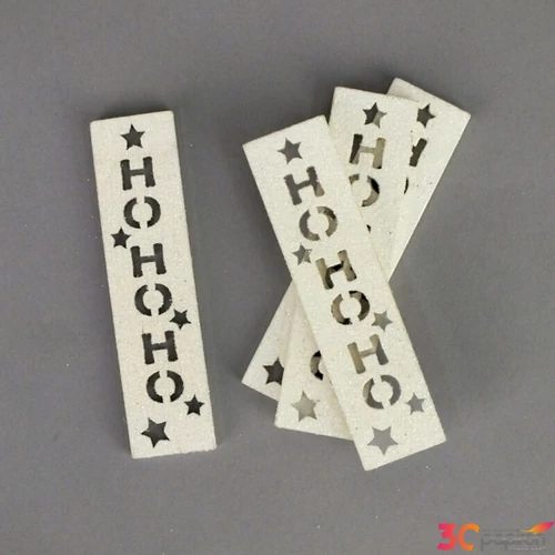 Fa biléta feliratos HOHOHO, 4db/csomag fehér csillámos 2x10cm