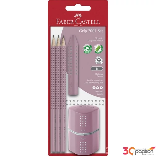 Faber Castell grafitceruza 3db-os GRIP 2001 (B) +trió hegyező radír rózsaszín 580073