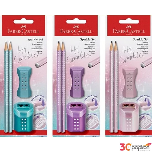 Faber Castell grafitceruza szett, 2db-os Sparkle gyöngyházfényű hegyezővel+radírral vegyes színekben