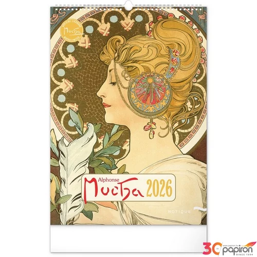 Falinaptár 2026 Alphonse Mucha spirálos 33×46cm Realsystem 2026 kollekció!