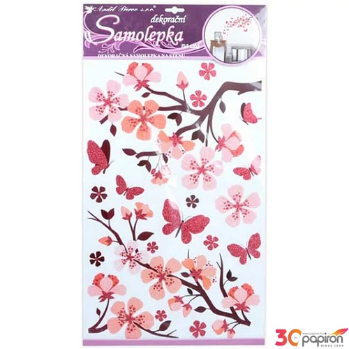 Falmatrica szobadekor Samolepka, színes virágok lepke 32x69cm virágzó fa pillangók Glitteres
