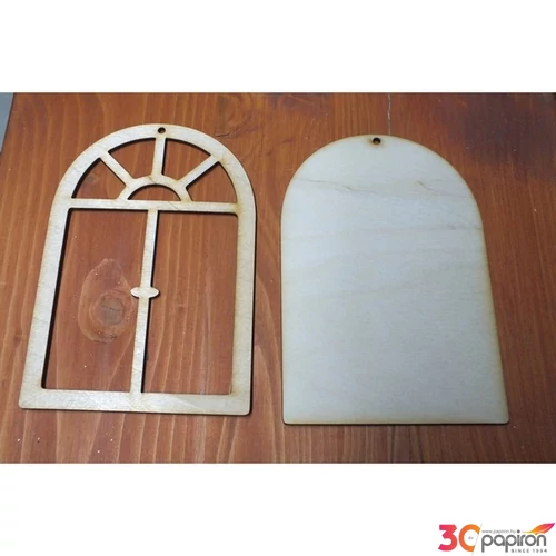 Fatábla felirat, Fa figura ablak keret hátlappal natúr 11.5cmx17cmx3mm