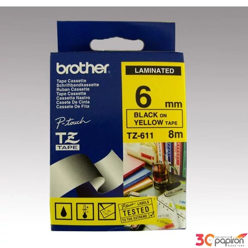 Feliratozógép szalag Brother BROTHER TZE-611 sárga-fekete 6mmx8m BROTHER Feliratozógéphez szalagok