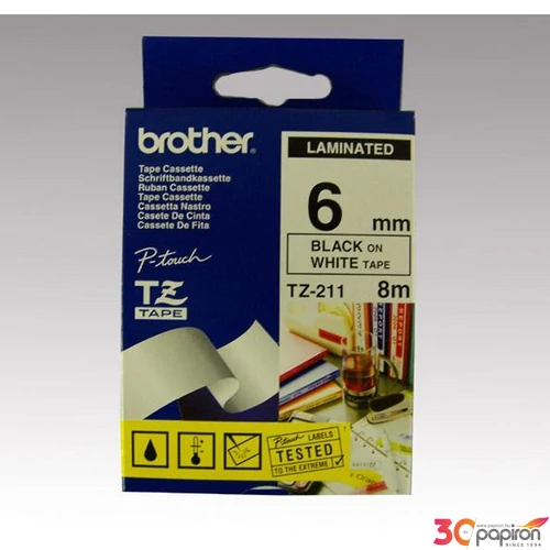 Feliratozógép szalag Brother TZE-211 6mmx8m, fehér-fekete BROTHER Feliratozógéphez szalagok