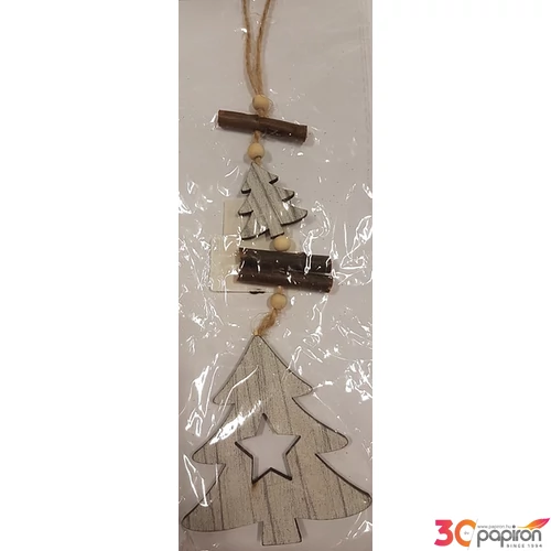 Karácsonyi dísz 25cm karácsonyfa/fenyőfa, lézervágott-festett fehér-barna színű, bogyó díszítéssel Kar