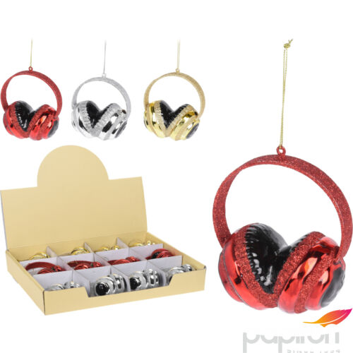 Fenyőfa dekoráció headset akasztós 3féle csillámos színben piros-arany-ezüst színekben