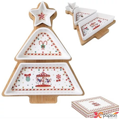 Fenyőfa porcelántálszett 3 részes, bambusztálcán 21x25cm Dobozban Christmas Wonderland