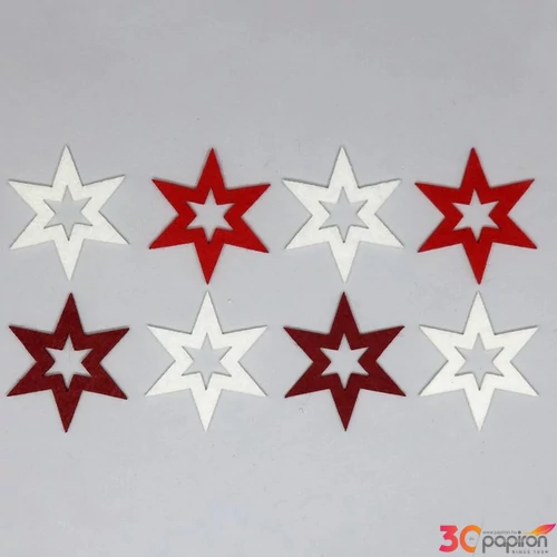Filcfigura csillag "B", vegyes színben piros-bordó-fehér 8 db/csomag