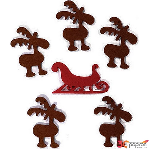 Filcfigura - rénszarvas mókás és szán kb. 6cm- 6db csomag