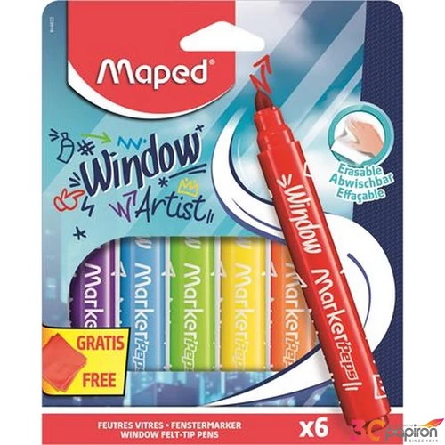 Filctoll készlet Maped Ablakfilc vastag, törlőkendővel, 5mm Marker`Peps, 6 különböző szín