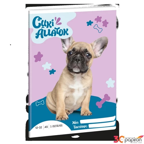 Füzet 12-32 A5 vonalas Ars Una Cuki-Francia bulldog (5426) 24 53603494 3.osztályos prémium minőségű fü