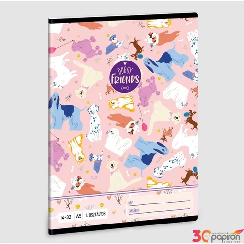 Füzet 14-32 A5 vonalas Ars Una Doggy Friends (5268) 23 kutya 53583499 1.osztályos füzet prémium minős