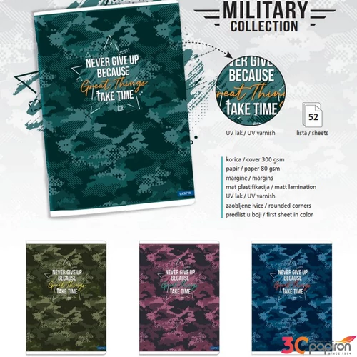 Füzet A4 vonalas 52l Military 4 féle minta