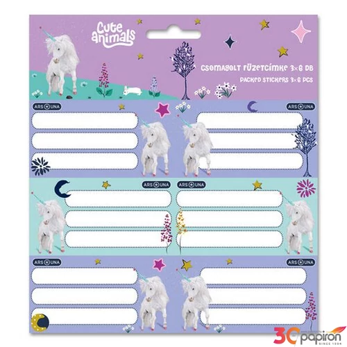 Füzetcímke Ars Una 3x6db 25'' Cute Animal Unicorn Öntapadós - egy csomagban külön