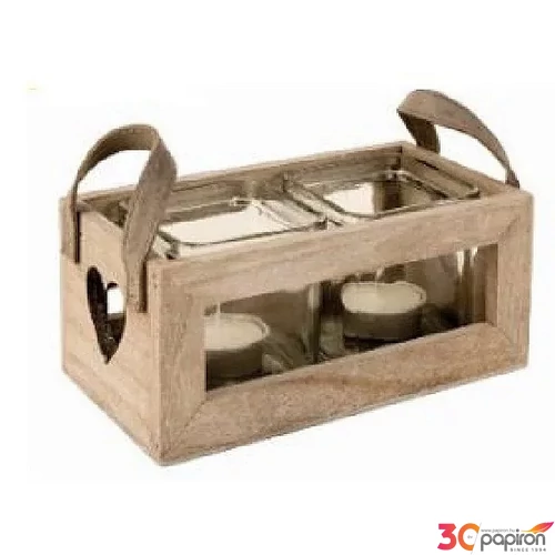 Mécsestartó fából 2 füllel belül üveg 2 férőhelyes M:8,3cm 19x10cm