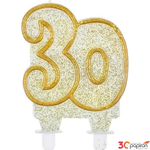 Party gyertya számos 30 fehér-arany szegős glitteres számgyertya Szülinapi - évfordulós tortadísz