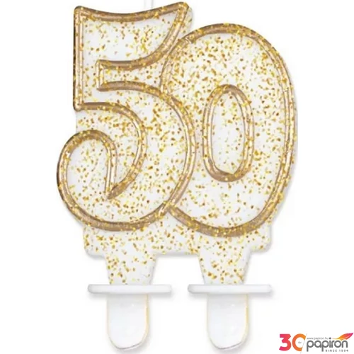 Party számgyertya Szülinapi 50 fehér-arany szegős glitteres számgyertya Szülinapi - évfordulós tortadísz