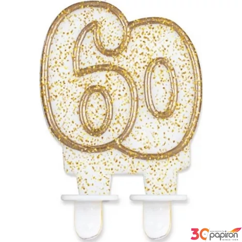 Party gyertya számos 60 fehér-arany szegős glitteres számgyertya Szülinapi - évfordulós tortadísz