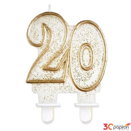 Party gyertya számos 20 fehér-arany szegős glitteres számgyertya Szülinapi - évfordulós tortadísz
