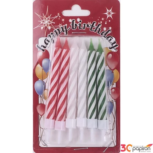 Gyertya Party szülinapi szett 12db 3színű spirálos-csíkos tortagyertya [5996033698084] Happy Birthday!
