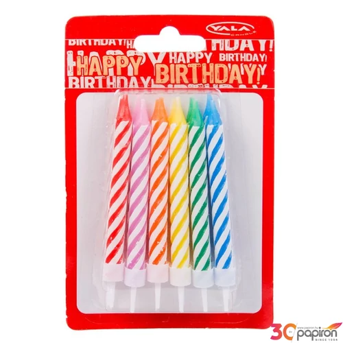 Party gyertya szülinapi szett 12db színes spirálos-csíkos tortagyertya [5996033697926] Happy Birthday!
