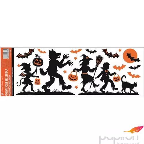 Halloween ablakmatrica dekor narancssárga glitteres 59x21cm fekete Halloween mintás party dekoráció!