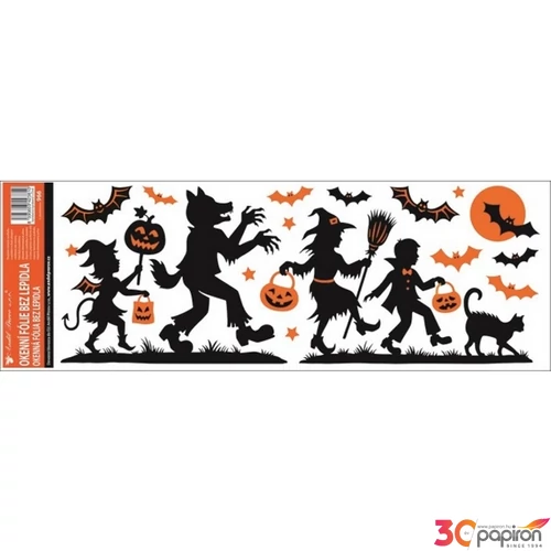 Halloween Ablakmatrica narancssárga glitteres 59x21cm fekete Halloween mintás party dekoráció!