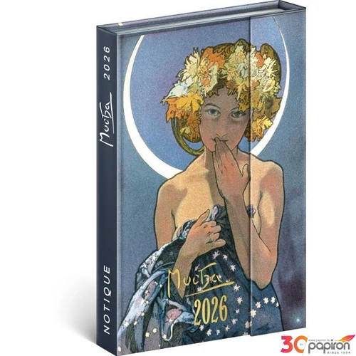 Határidőnapló B/6 2026 heti mágneszáras Alphonse Mucha 11×16cm Realsystem 2026 kollekció!