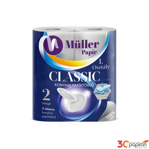 Háztartási papírtörlő 2 rétegű 2 tekercs/csomag Müller Classic hófehér