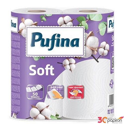 Háztartási papírtörlő 2 rétegű 50 lap 2 tekercses PUFINA "Soft
