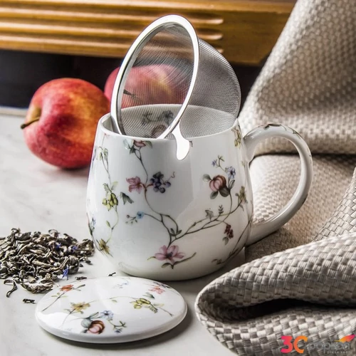 Bögre porcelán 430ml hordós, teaszűrővel SAFA Díszdobozban