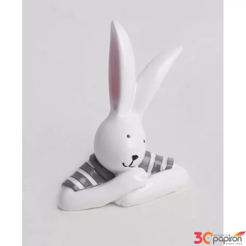 Húsvéti dekor kerámia nyuszi, könyöklő, csíkos pólóban fehér/szürke 7,2cm