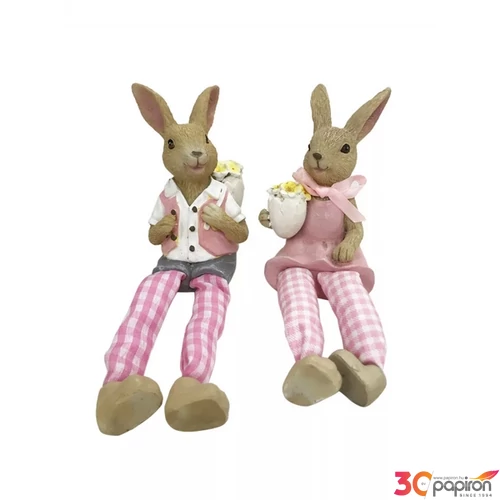 Húsvéti dekor kerámia nyuszi, rózsaszín ruhában, lógólábú 2 féle, 12cm
