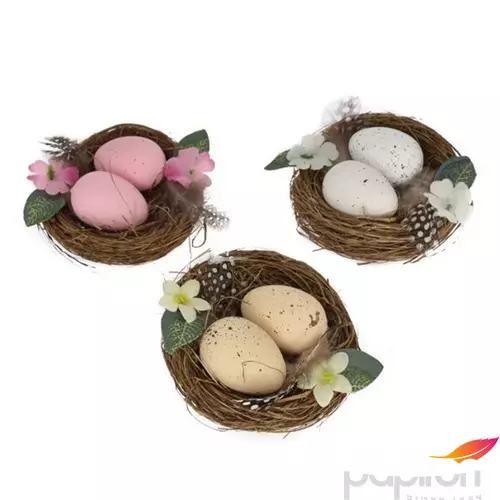 Húsvéti dekor tojás fészekben, virággal műanyag 8cm színes 3 féle