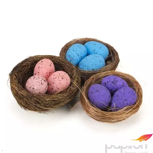 Húsvéti dekor tojások fészekben lila-rózsaszín-kék