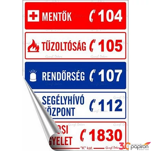 Információs matrica 11 6x16 6 cm Segélyhívószámok