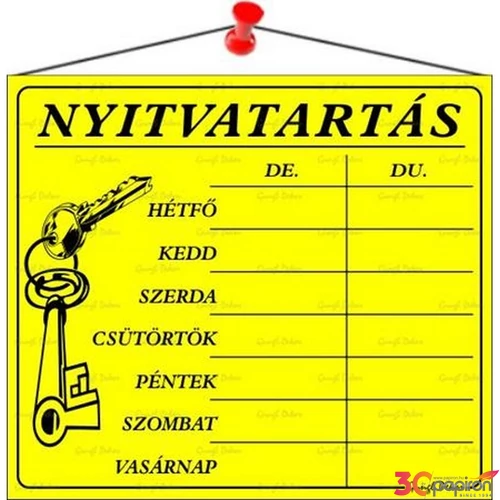 Információs tábla 20x17 5 cm Nyitvatartás" sárga