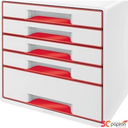 Irattároló műanyag Leitz 5 fiókos, Wow Cube, fehér/piros E52142026