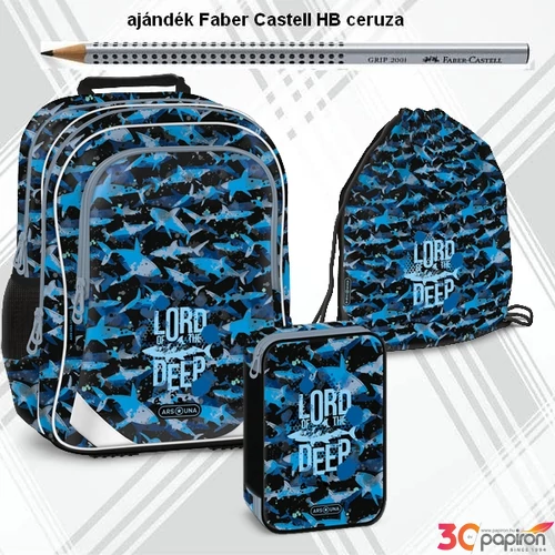 Iskolatáska szett Ars Una 24 Lord of the Deep cápa táska, tolltartó, tornazsák