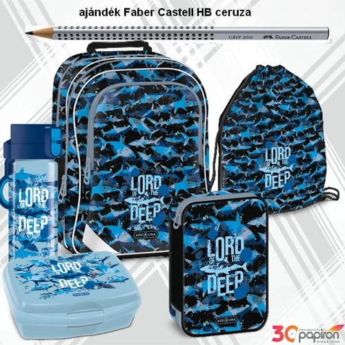 Iskolatáska szett Ars Una 24 Lord of the Deep cápa táska, tolltartó, kulacs, uzsonnásd tornazsák