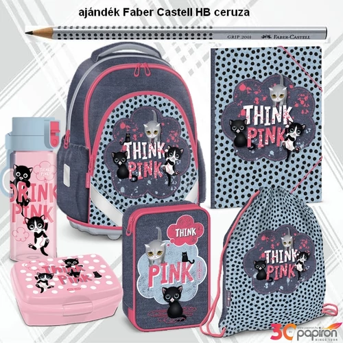 Iskolatáska szett Ars Una 24 Think Pink cicás táska, tolltartó,kulacs tornazsák, uzsonásdoboz , gumis mappa