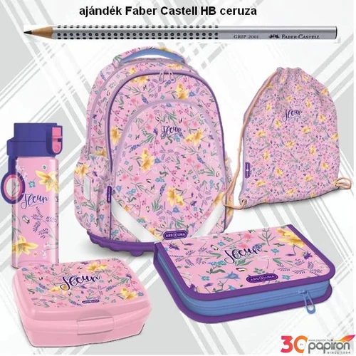 Iskolatáska szett Ars Una 24 Fleur táska, tolltartó, tornazsák kulacs, uzsonnásdoboz virágos