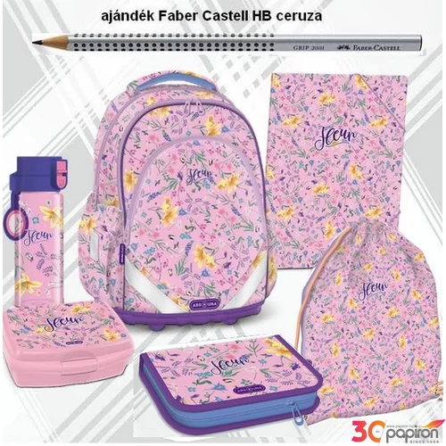 Ars Una iskolatáska szett 24 Fleur táska, töltött tolltartó, kulacs uzsidoboz, tornazsák,gumis mappa virágos