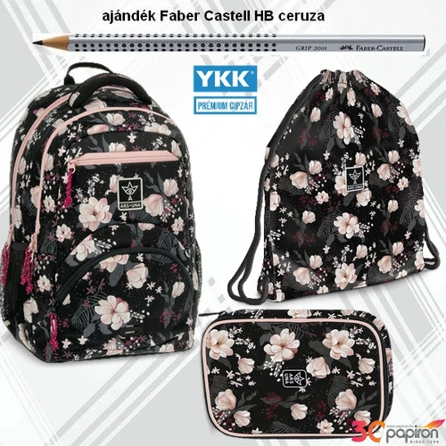 Iskolatáska szett Ars Una 24 Flower iskolatáska, tolltartó, tornazsák Fekete Virágos